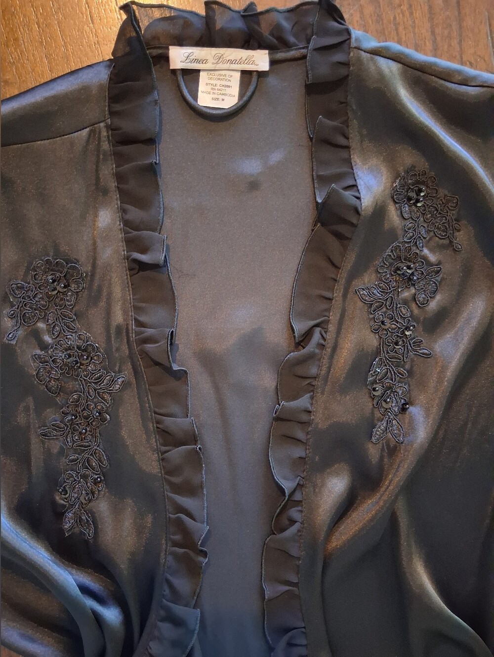 Linea Donatella Black Satin Ruffled Robe with Floral Appliqué